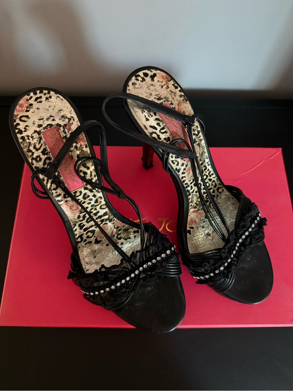 Betsey Johnson Black Amiga Strappy Heels With Rhinestones